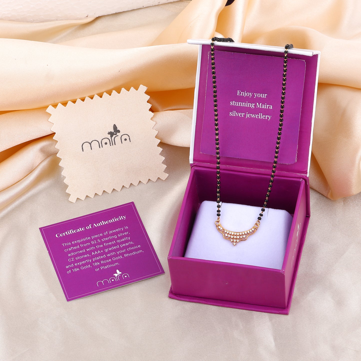 MAIRA 925 Sterling Silver 18K Micron Gold-Plated CZ studded Black Beads Mangalsutra For Women | Hypoallergenic | Pure Silver Gift For Wife