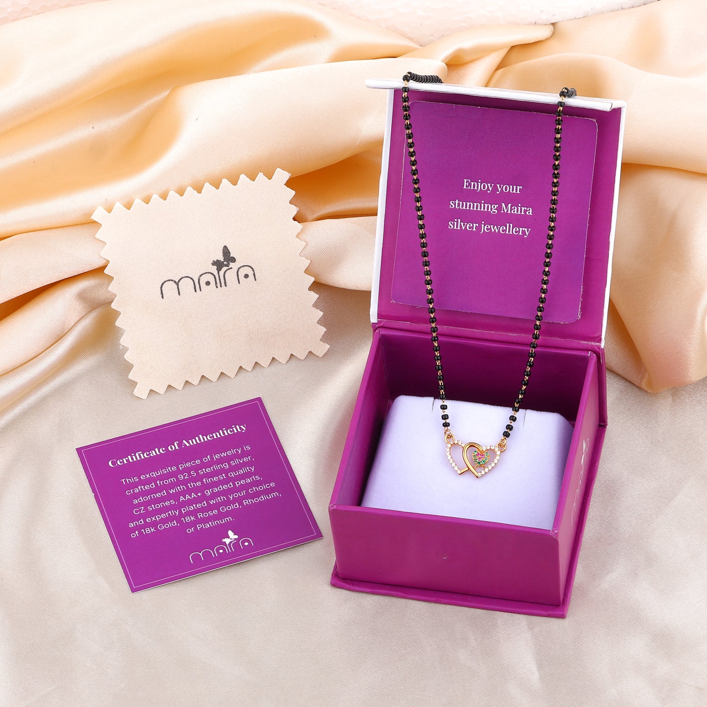 MAIRA Valentine Heart Micron/Vermeil 18K 1gm Gold Plated Black Beads Kala Mani 925 Sterling Silver Mangalsutra | Tanmaniya Thali| Chandi Pure Silver Gift for Women