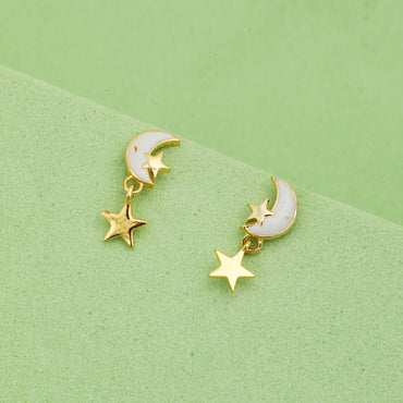 MAIRA 925 Sterling Silver 18K Gold Plated MOP Chand Tara Moon Earrings for Women / Girls