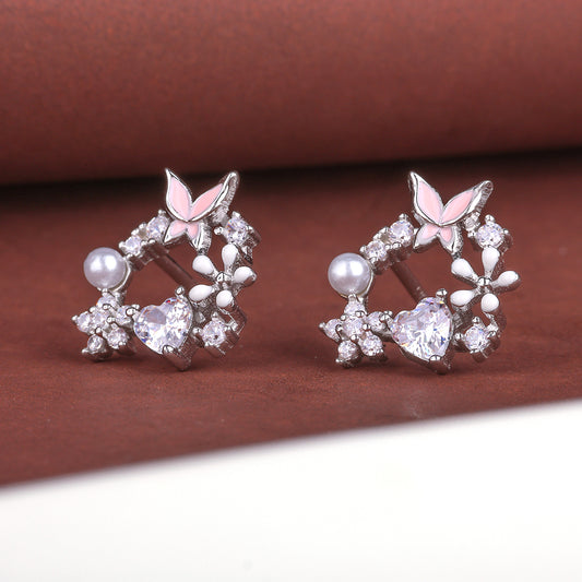 MAIRA Made with Pearl Enamel Floral Butterfly 925 Sterling Silver Earrings Set / Gift for Women