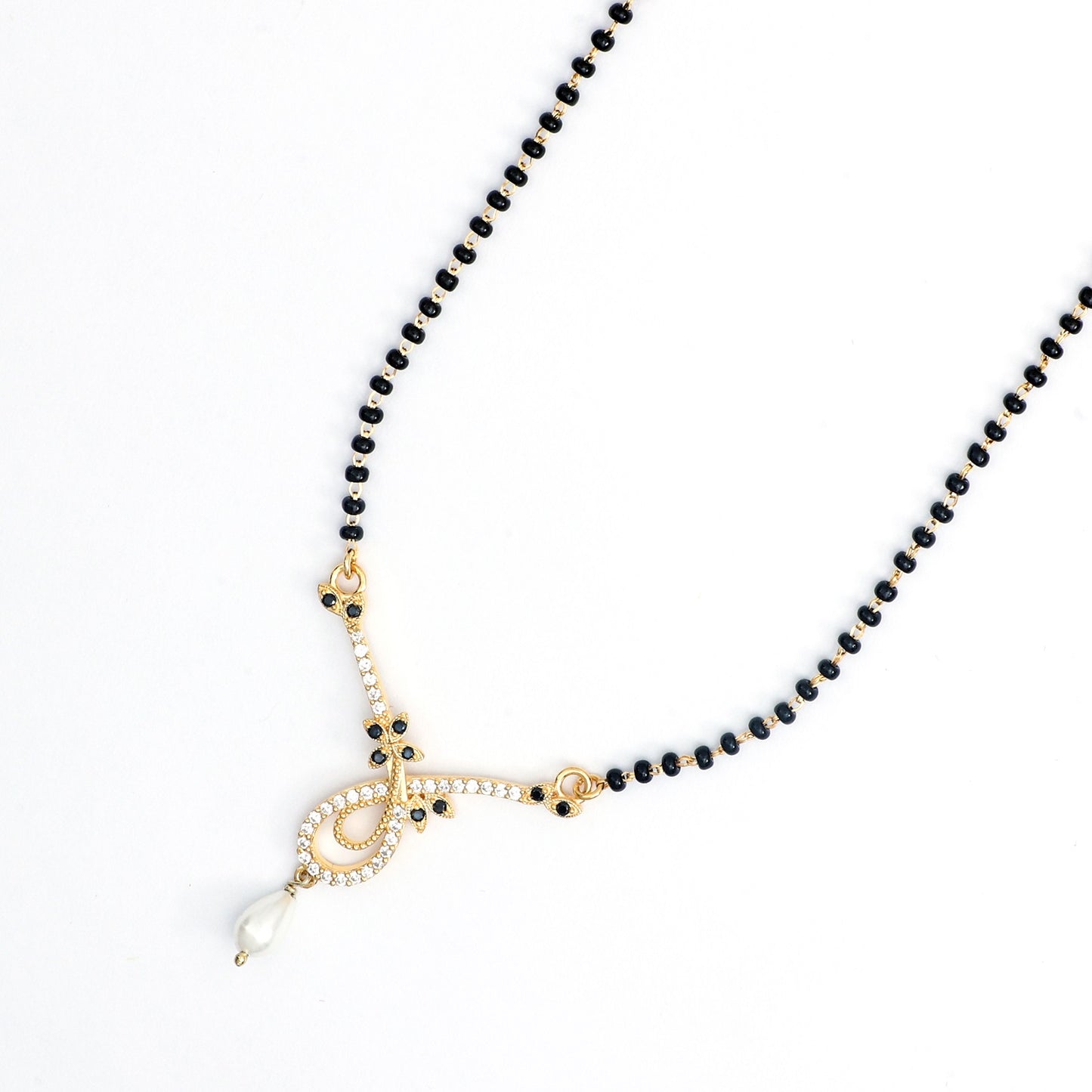 MAIRA Swiss Zirconia Floral Pendant 925 Sterling Silver 18K Gold Plated Black Beads Necklace Mangalsutra Jewellery / Gift for Women