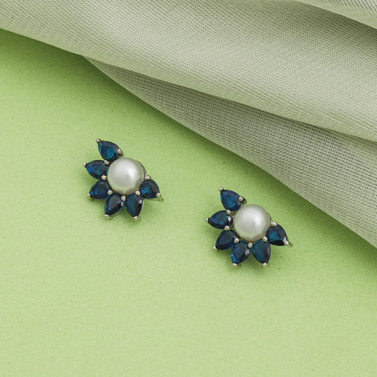 MAIRA Pearl & Blue Stones 925 Sterling Silver Earrings Set for Women / Girls