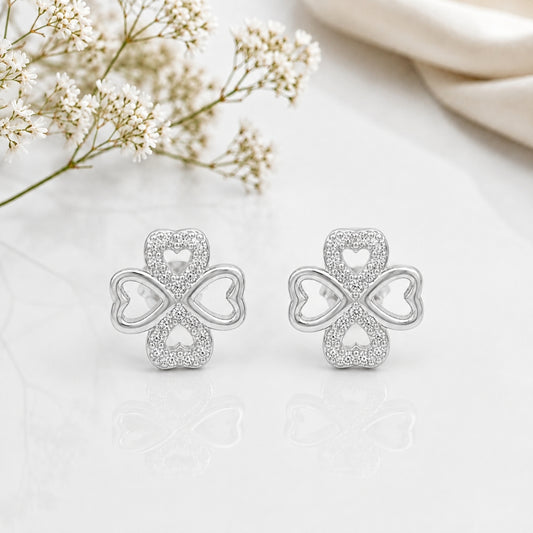 Silver Heart Clover Studs Earrings