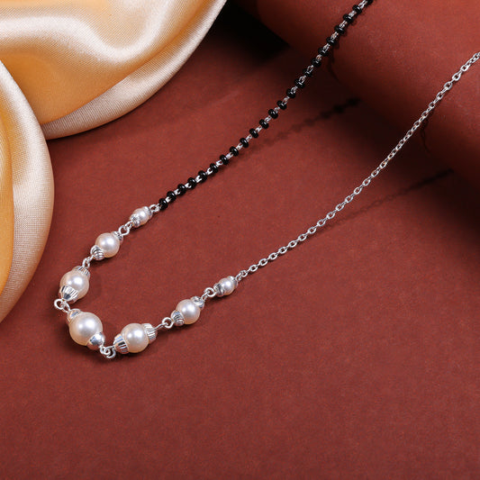 MAIRA 925 Sterling Silver Pearl Black Mani 18-inch Mangalsutra Jewellery for Women | Rhodium-Plated | Anti-Tarnish | 6- Month Warranty