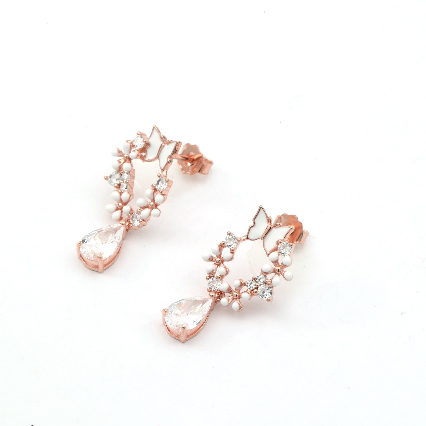 MAIRA Adorable 925 Sterling Silver Rose Gold Plated Enamel Butterfly Floral Tear Drop Earrings / Gift for Girls / Women