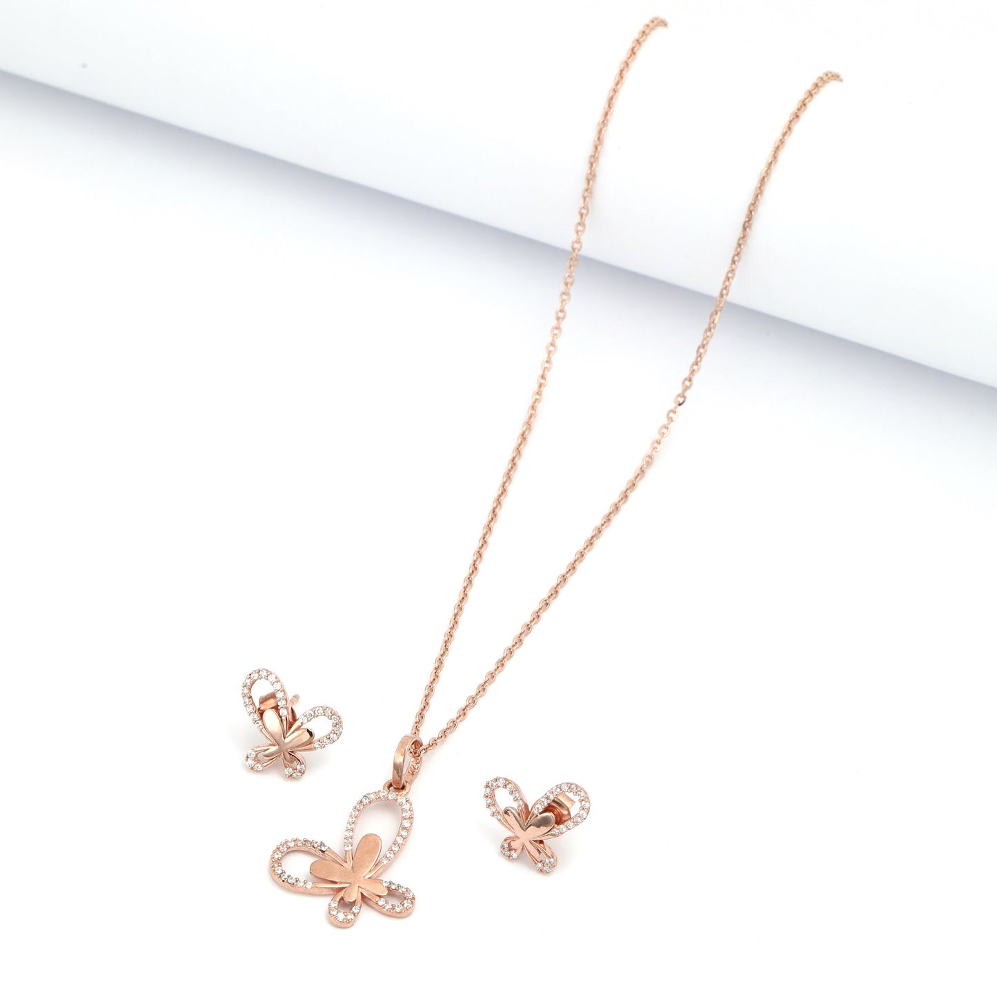 MAIRA 925 Sterling Silver Rose Gold Butterfly Design Valentine Necklace With Earrings for Girls / Women