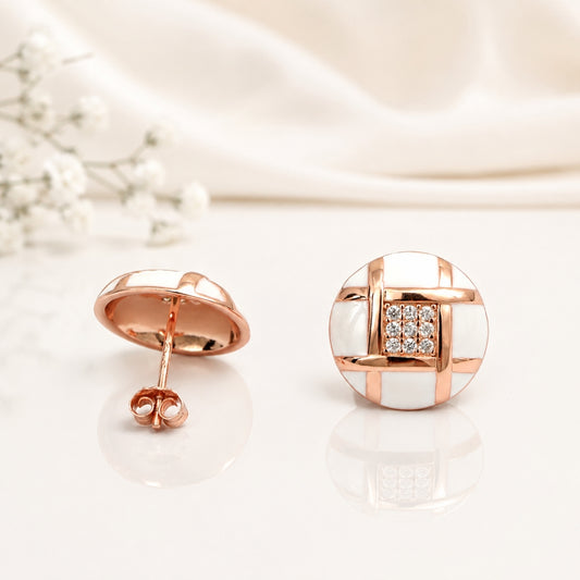 Rose Gold Round Design White and Crystal Stud