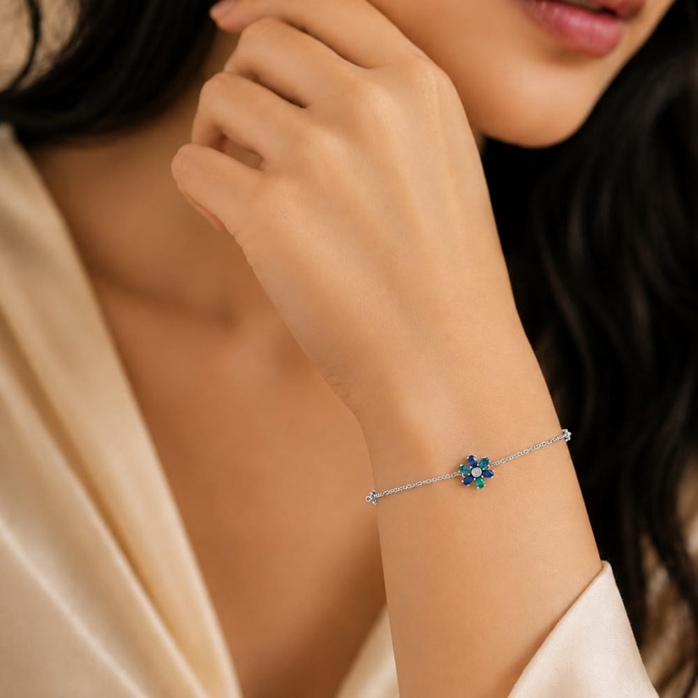 Emerald Sapphire Bloom Multicolour Floral Adjustable Silver Bracelet.