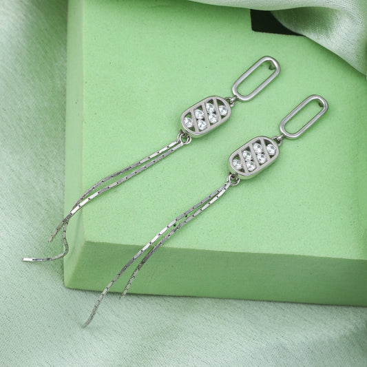 MAIRA Made with 925 Sterling Silver and Swiss Zirconia Partywear Long Chain Drop Earrings Gift for Women & Girls