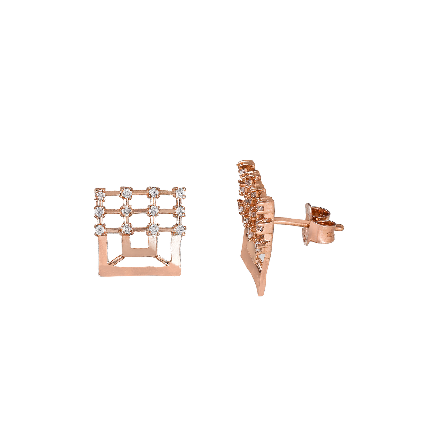 MAIRA 925 Pure Sterling Silver Geometric Crystal Grid Stud Earrings | Premium Micron Rose Gold Plated | Hypoallergenic | 6 Months Warranty | Valentine Gift For Women & Girls
