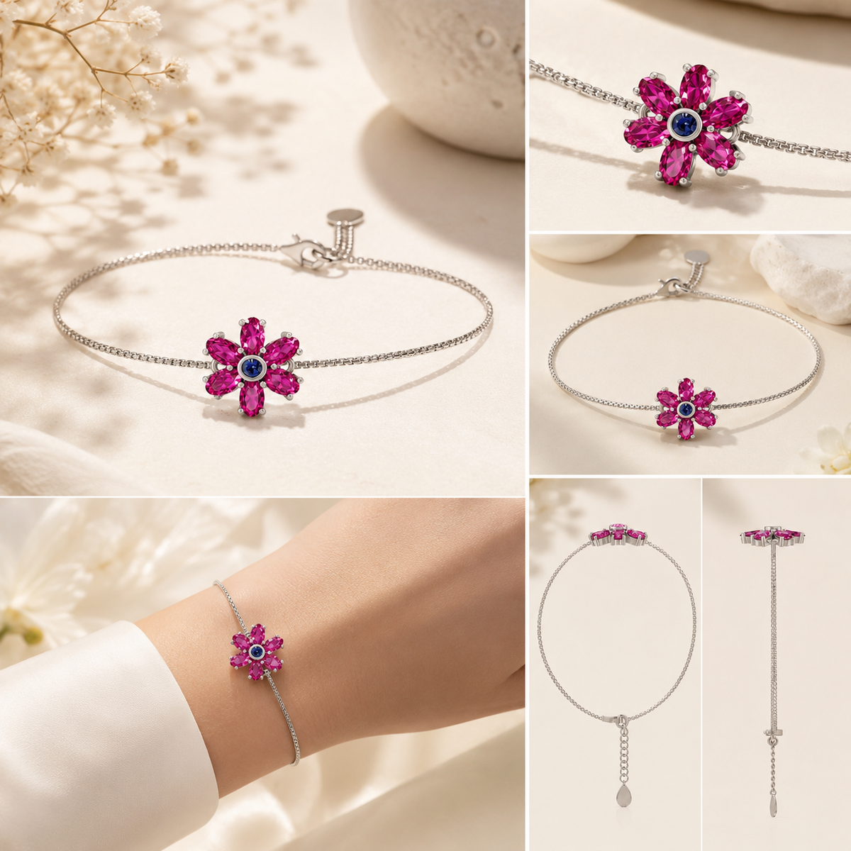 Fuchsia Bloom Pink Stone Floral Adjustable Silver Bracelet.