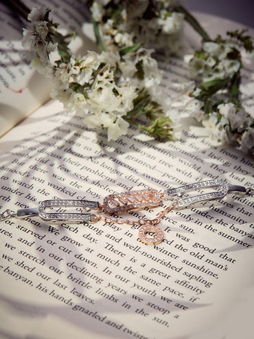 MAIRA 925 Sterling Silver 2 Tone RoseGold Premium Swiss Zirconia Semi Kada Charm Bracelet Jewellery / Gift for Women