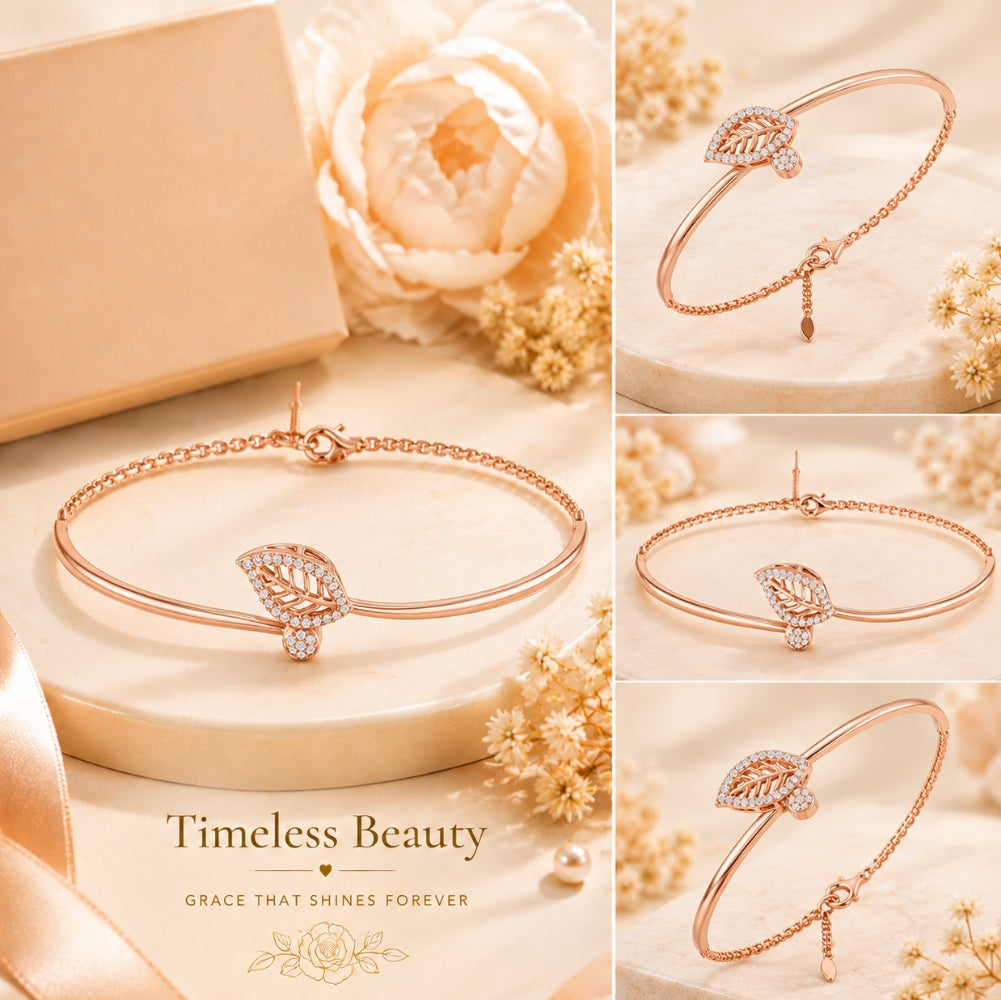 Whispering Leaf Rose Gold Plated 925 Sterling Silver Bracelet