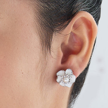 MAIRA Graceful Floral 925 Sterling Silver Earrings Pearl Enamel & Cubic Zirconia Studs for Girls / Women