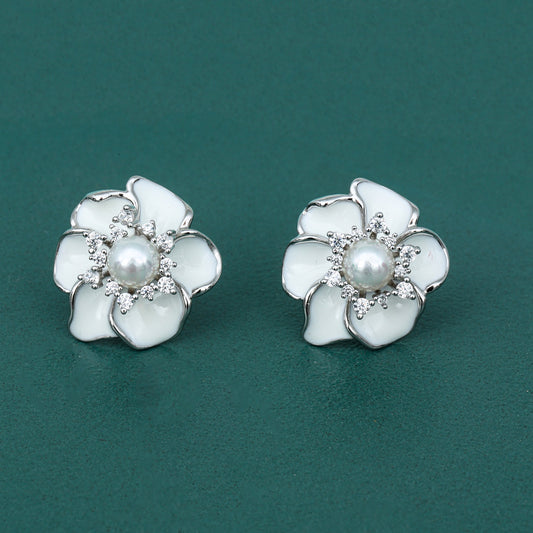 MAIRA Graceful Floral 925 Sterling Silver Earrings Pearl Enamel & Cubic Zirconia Studs for Girls / Women