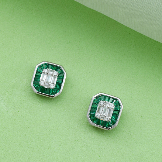 MAIRA Made with Emerald & Swiss Zirconia Elegant Partywear 925 Sterling Silver Studs Earrings for Women / Girls