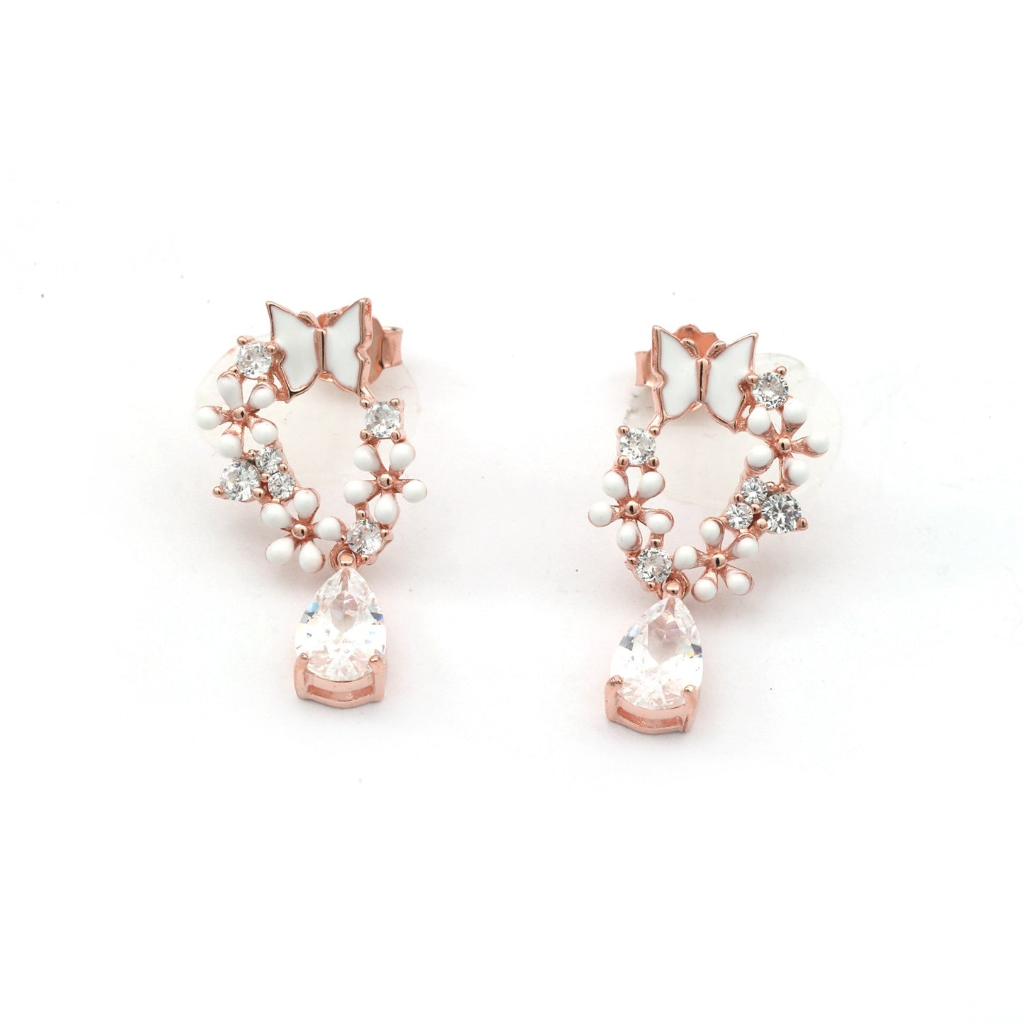 MAIRA Adorable 925 Sterling Silver Rose Gold Plated Enamel Butterfly Floral Tear Drop Earrings / Gift for Girls / Women
