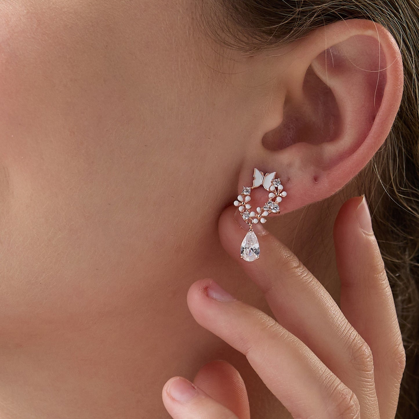 MAIRA Adorable 925 Sterling Silver Rose Gold Plated Enamel Butterfly Floral Tear Drop Earrings / Gift for Girls / Women