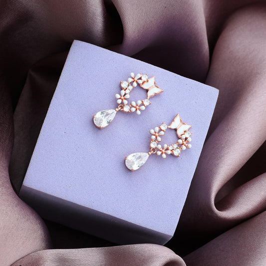 MAIRA Adorable 925 Sterling Silver Rose Gold Plated Enamel Butterfly Floral Tear Drop Earrings / Gift for Girls / Women