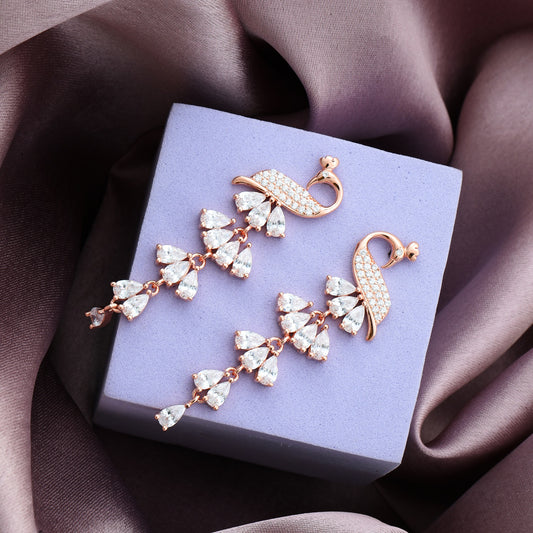 MAIRA Peacock Rosegold Swiss Zirconia Layered Valentine Gifting Sterling Silver Earrings Set for Women / Girls