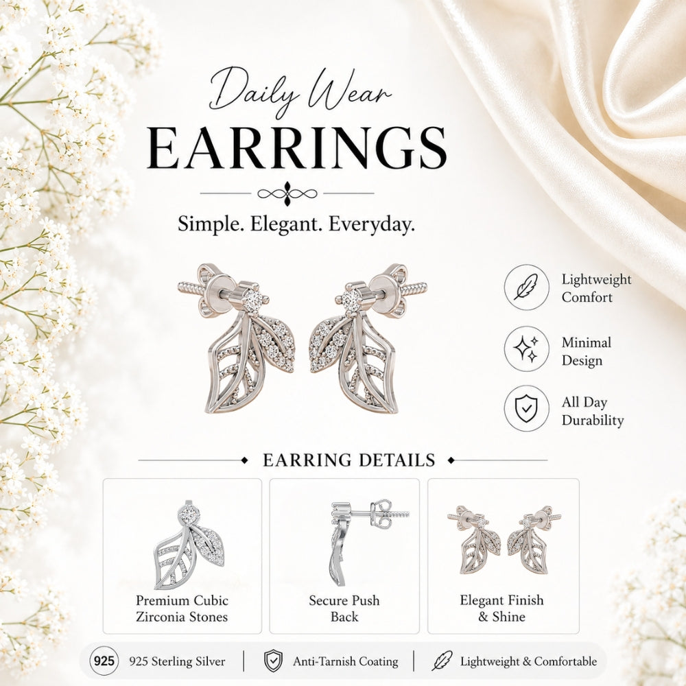 Elara Diamond Leaf Rhodium Plated 925 Sterling silver Studs