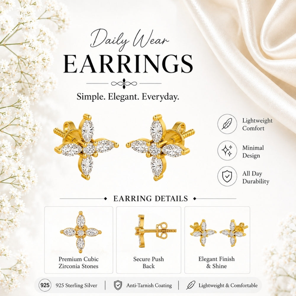 Marquise Four Petal Blossom Gold Plated 925 sterling silver Stud