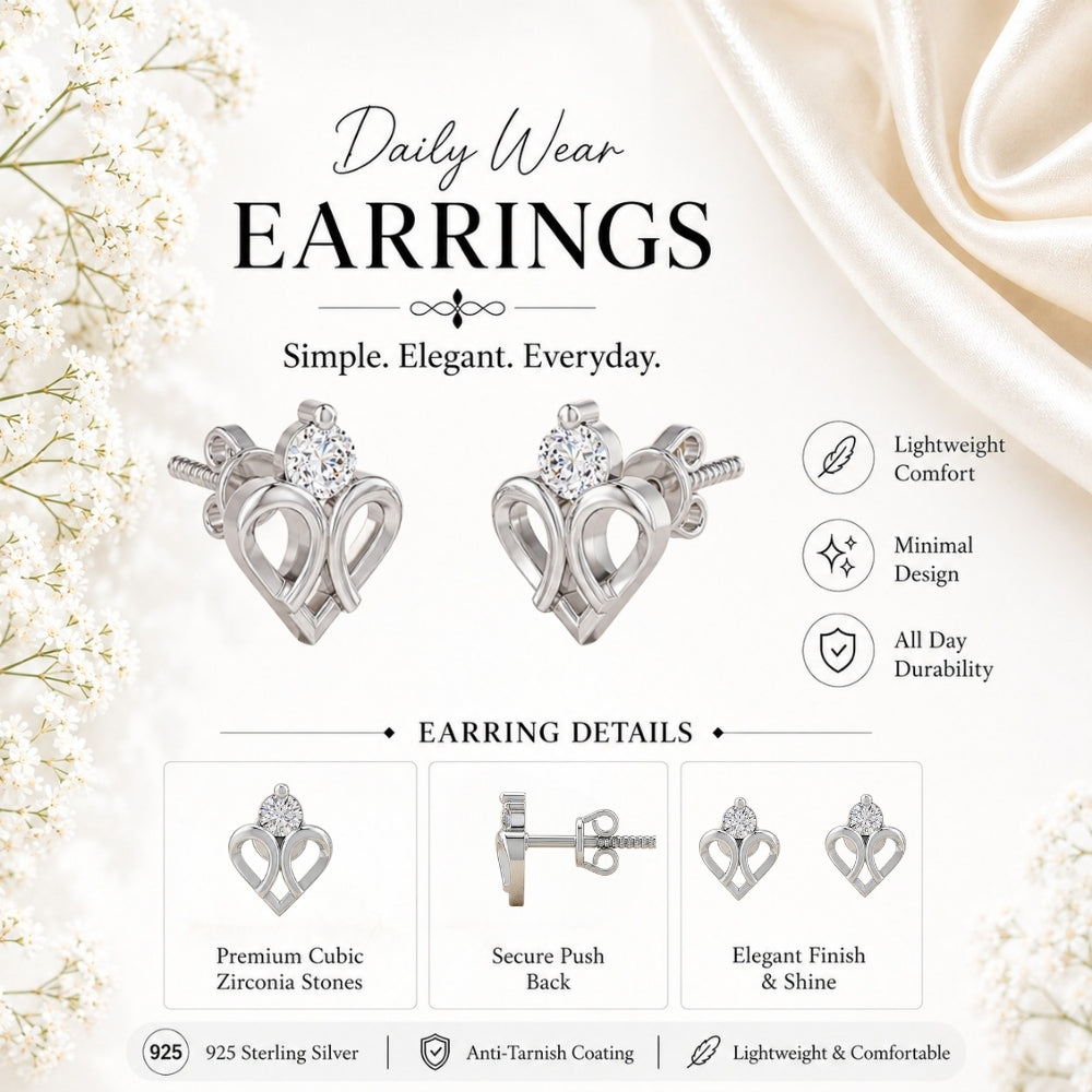 Double Loop Heart Solitaire Rhodium Plated 925 Sterling Silver Stud