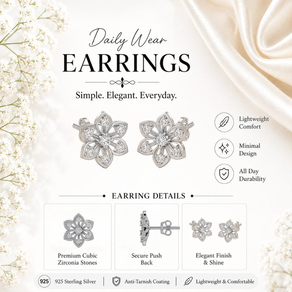 Six Petal Diamond Floral Rhodium Plated 925 Sterling Silver Stud