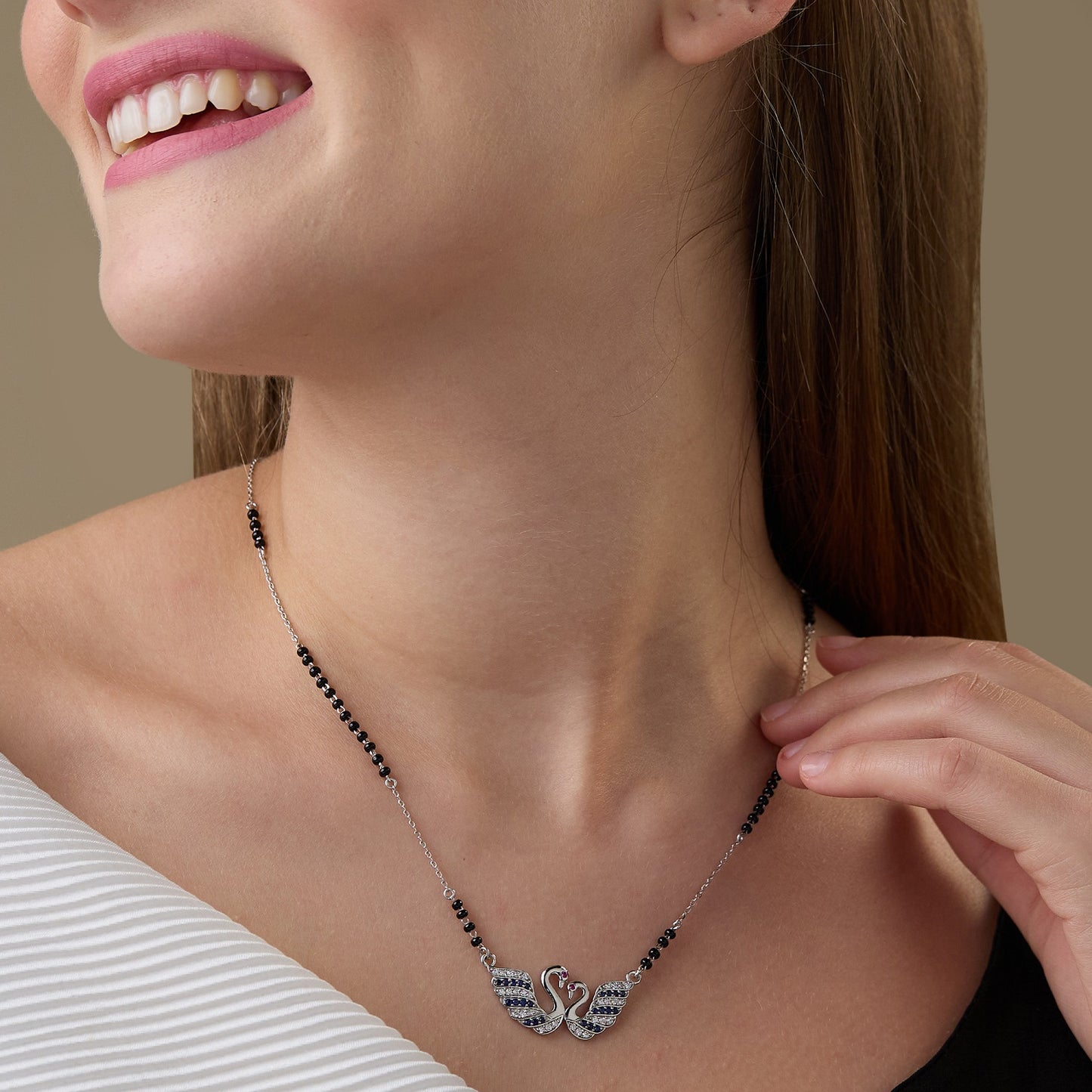 MAIRA 925 Sterling Silver Swan Swiss Zirconia Black Beads Mani Mangalsutra / Gift for Women