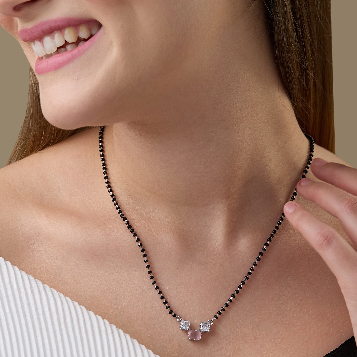 MAIRA 925 Sterling Silver Swiss Zirconia Black Beads Stylish 18 Inch Working Women Mangalsutra Jewellery / Gift for Women