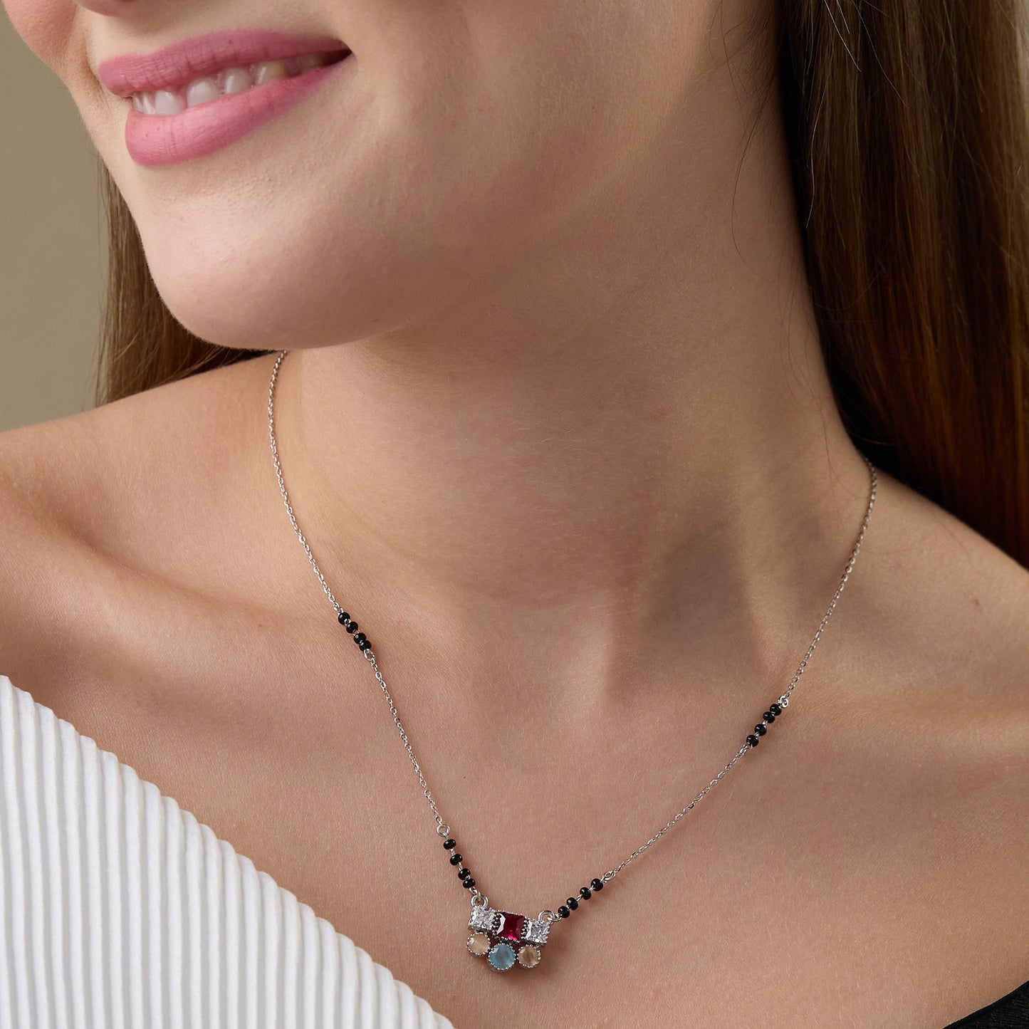 MAIRA Sterling Silver Swiss Zirconia Black Beads Stylish 18 Inch Working Women Mangalsutra Jewellery