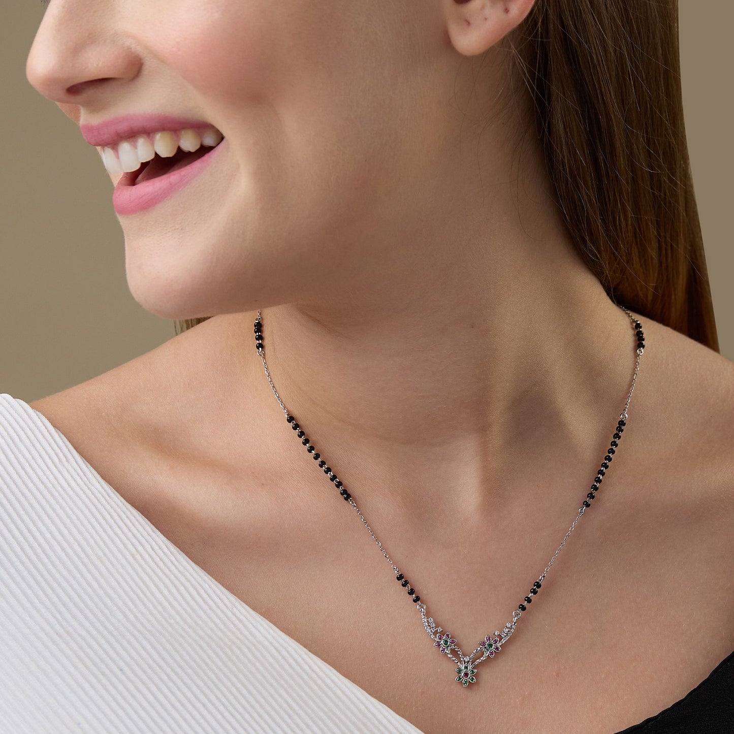 MAIRA Ruby Green Floral Pendant 925 Sterling Silver 18 Inch Latest Mangalsutra Jewellery / Gift for Women