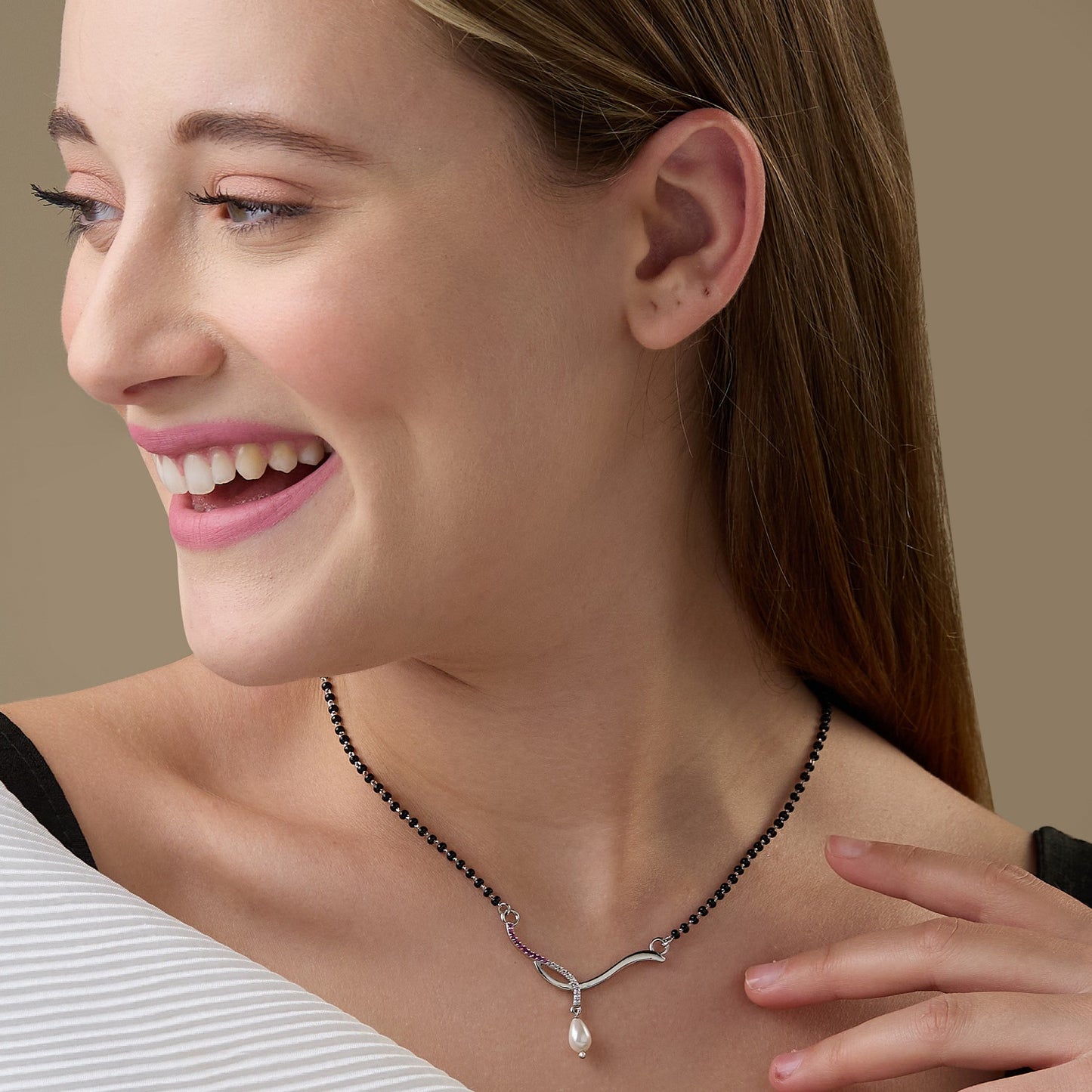 MAIRA 925 Sterling Silver Swiss Zirconia Black Beads Kala Mani 18 Inch Necklace Mangalsutra Jewellery / Gift for Women