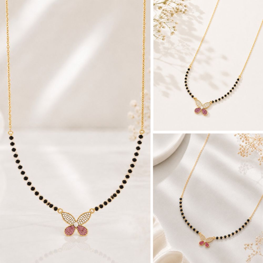 Pink & White Floral Butterfly Charm Mangalsutra
