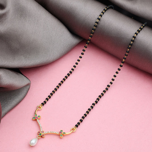 MAIRA Swiss Zirconia Floral Pendant 925 Sterling Silver 18K Gold Plated Black Mani Pearl drop Necklace Mangalsutra / Gift for Women