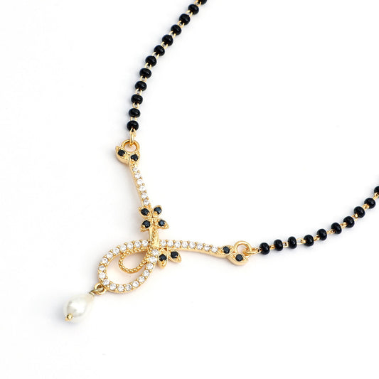MAIRA Swiss Zirconia Floral Pendant 925 Sterling Silver 1 gram 18K Gold Plated Black Beads Mangalsutra Jewellery