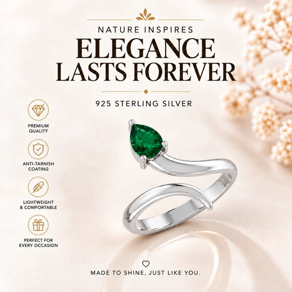 Pear-Cut Emerald Bypass Rhodium Plated Ring