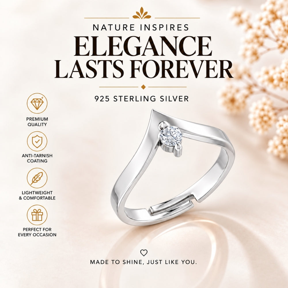 V-Shaped Round Solitaire Rhodium plated 925 sterling silver Ring