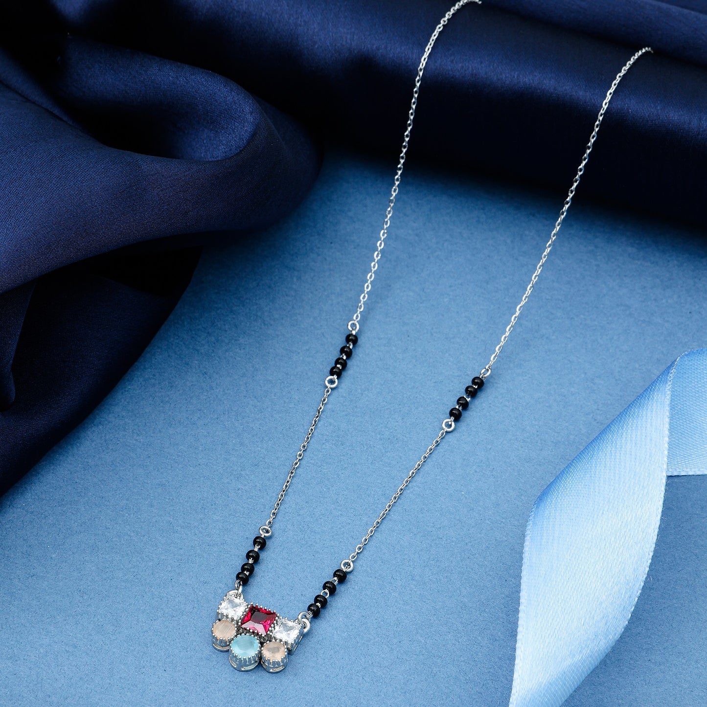 MAIRA Sterling Silver Swiss Zirconia Black Beads Stylish 18 Inch Working Women Mangalsutra Jewellery