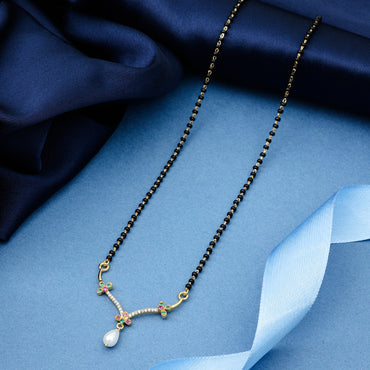 MAIRA Swiss Zirconia Floral Pendant 925 Sterling Silver 18K Gold Plated Black Mani Pearl drop Necklace Mangalsutra / Gift for Women