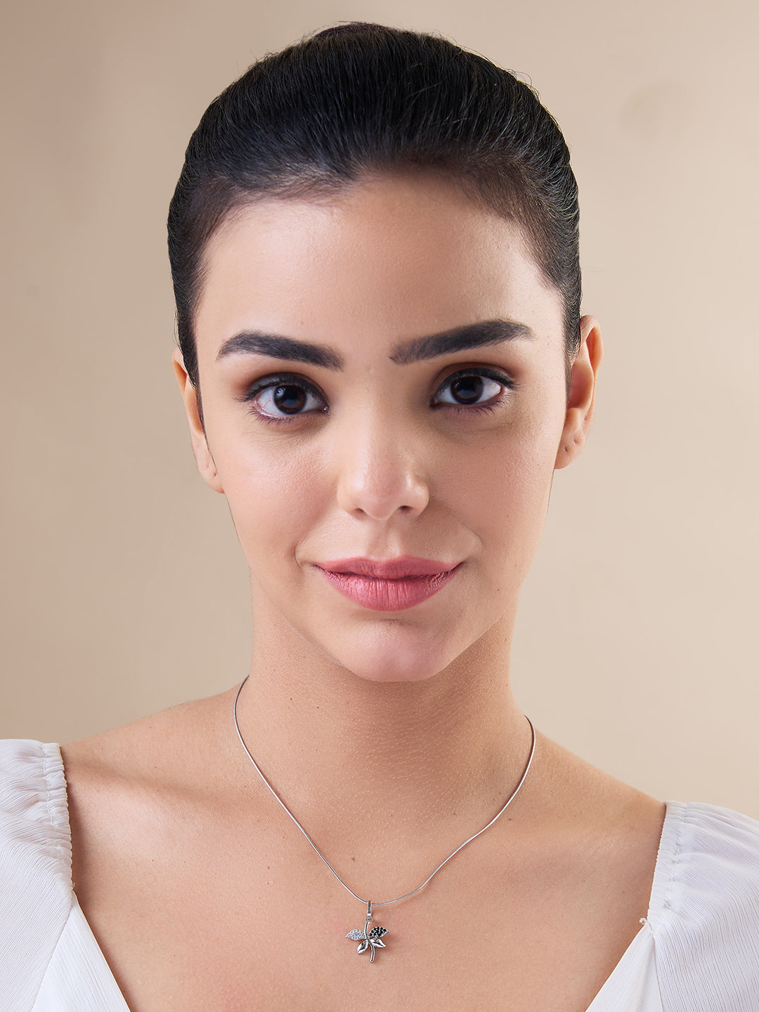 MAIRA Made with Swiss Zirconia 925 Sterling Silver Rodium Plated Petals Leaf Pendant Chain Necklace Jewellery / Gift for Women & Girls