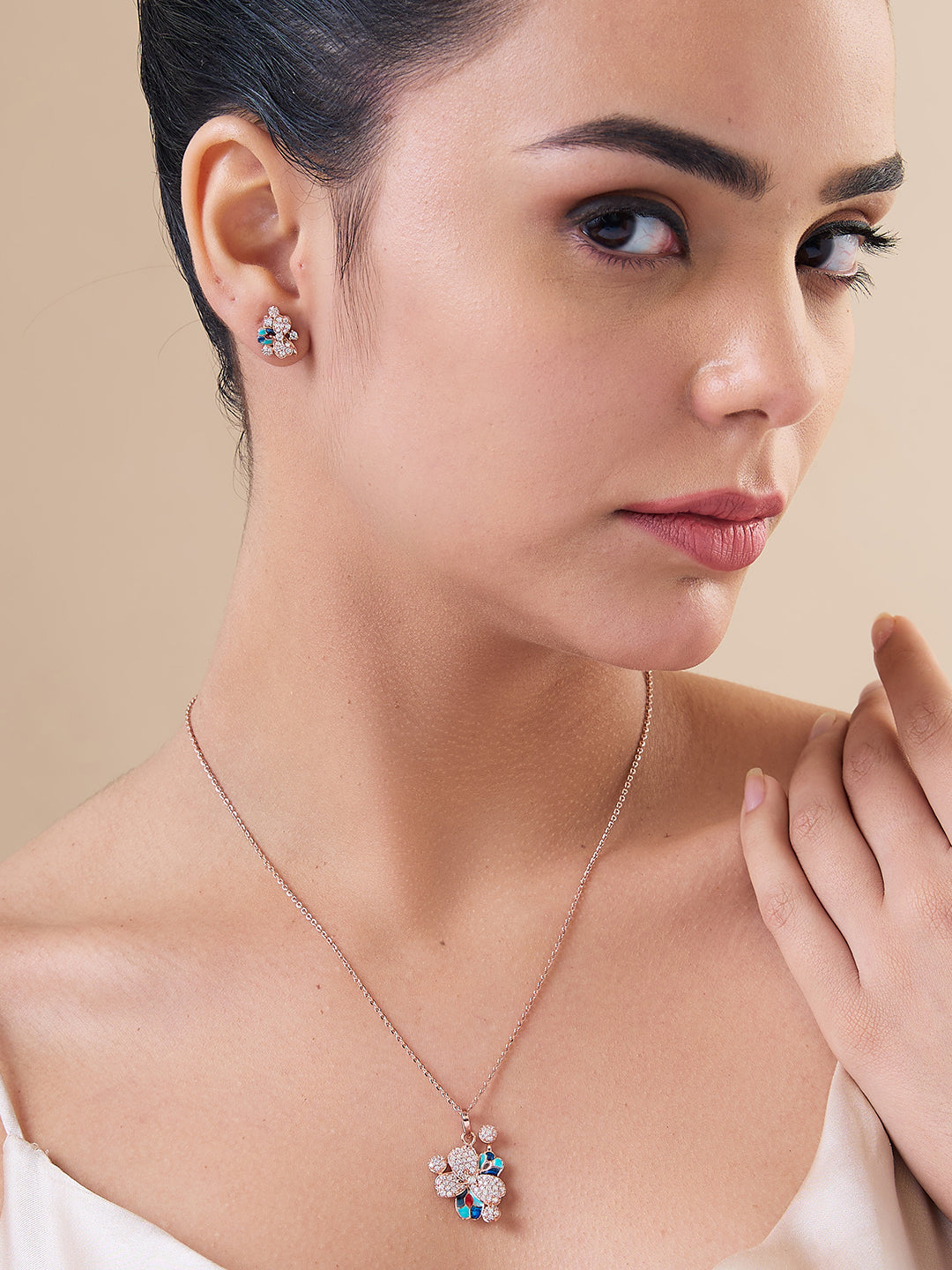 MAIRA 925 Sterling Silver Rose Gold Valentine Necklace With Earrings for Girls / Women