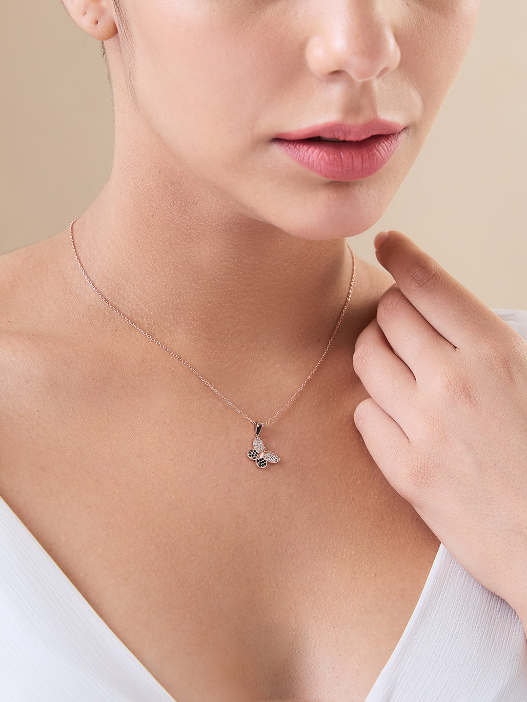 MAIRA Butterfly Swiss Zirconia 925 Sterling Silver Rose Gold Plated Pendant Chain Necklace Jewellery for Girls / Women