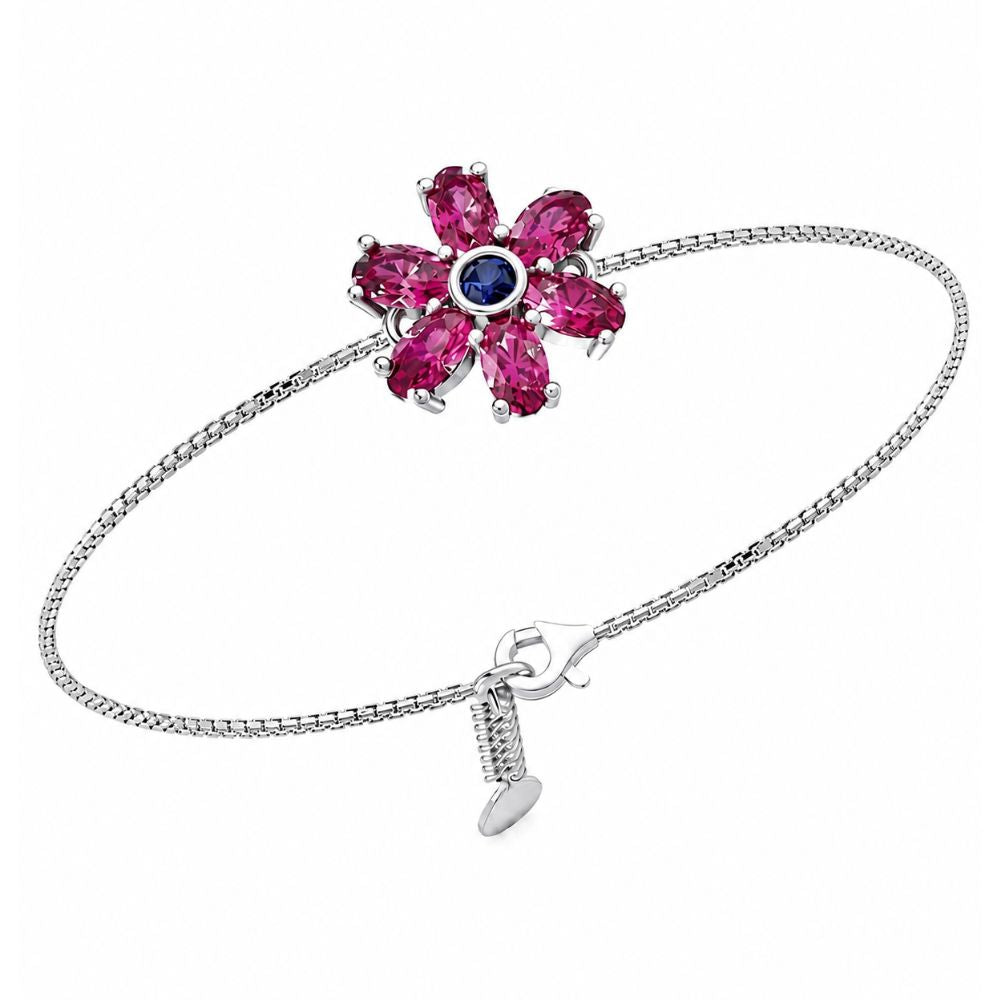 Fuchsia Bloom Pink Stone Floral Adjustable Silver Bracelet.