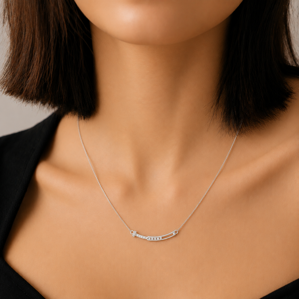 Radiant Arc Bar Rhodium Plated  Necklace