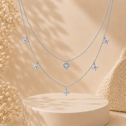 Fluttering Love Layered Rhodium Plated 925 Sterling Silver Necklace