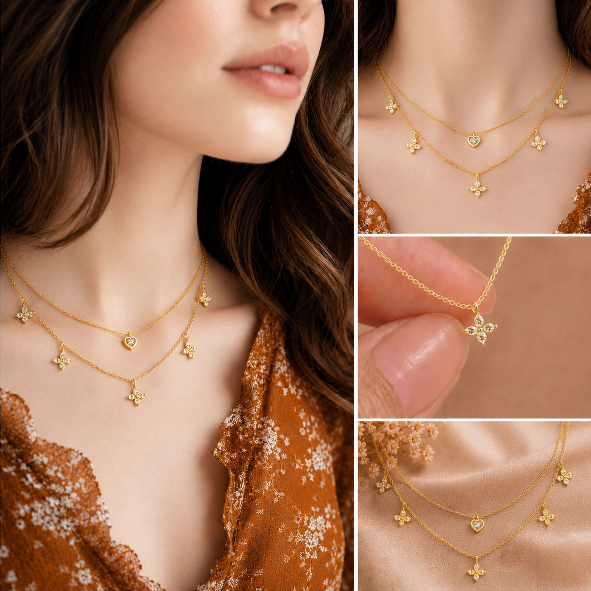 Fluttering Love Layered Gold Plated 925 Sterling Silver Necklace