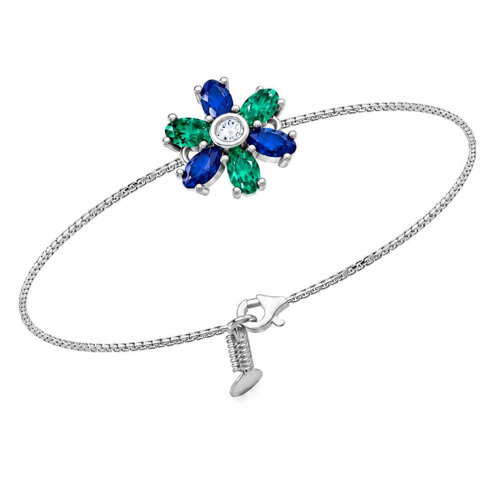 Emerald Sapphire Bloom Multicolour Floral Adjustable Silver Bracelet.