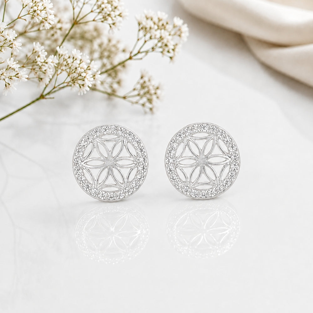 Graceful Floral Design Sparkling Stud Earrings