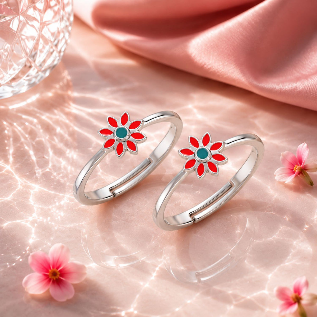 Coral Bloom Enamel Floral Adjustable Toe Rings